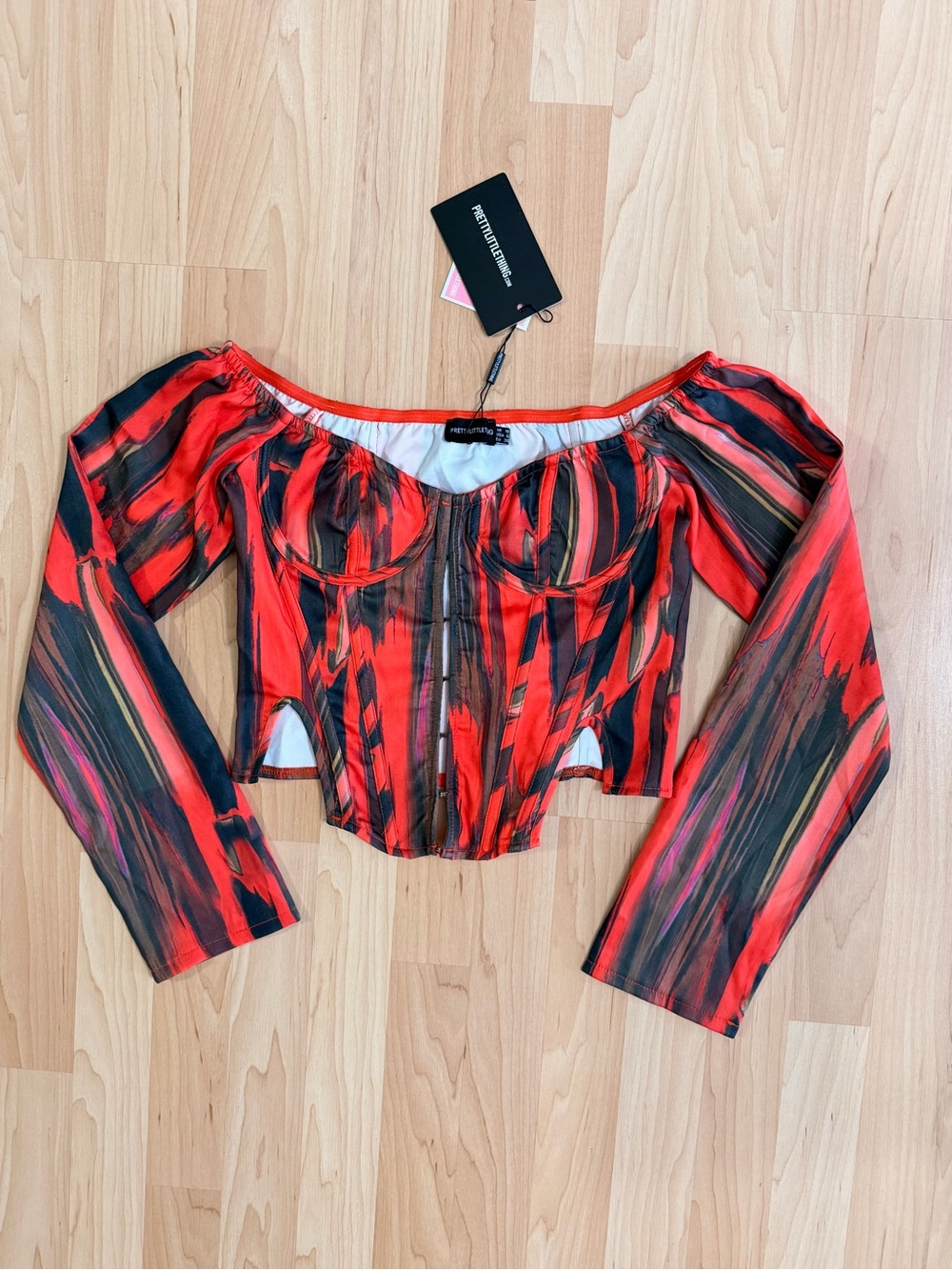 PrettyLittleThing Red Brushstroke Off-Shoulder Corset Crop Top, Size 6
